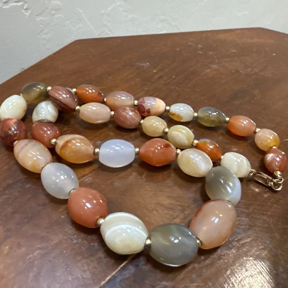Vintage Chunky Carnelian Agate Stone Bead Necklace 14K Gold Filled Clasp Heavy